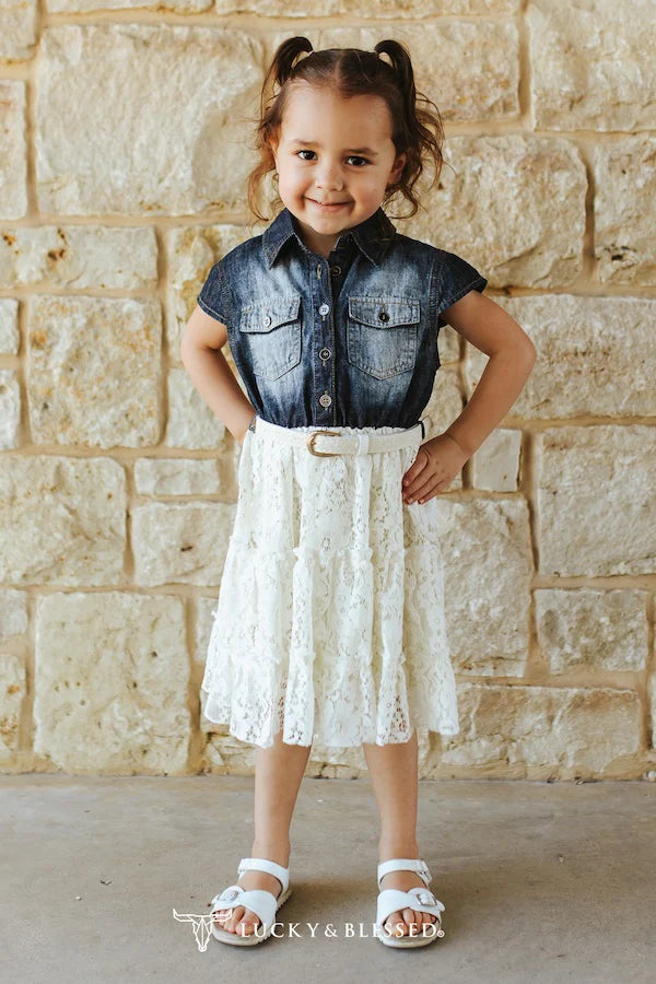 Girls Denim & Lace Tiered Dress – Red Road Rae'sd Boutique