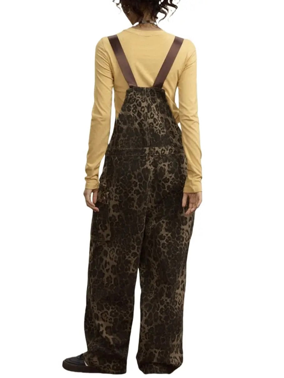 Wide Leg Multi Pocket Leopard Print Denim