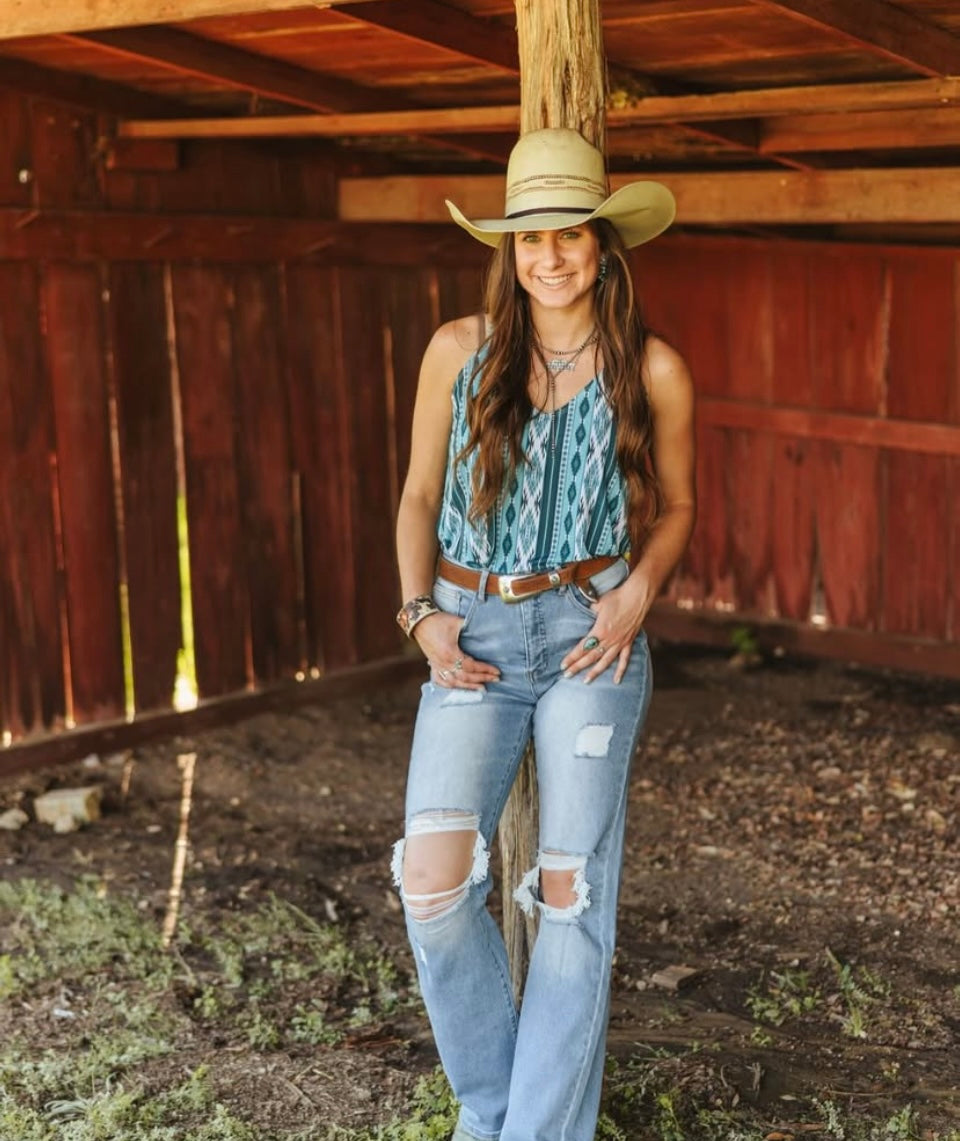 Beige Jade Aztec Printed V Neck Strap Top