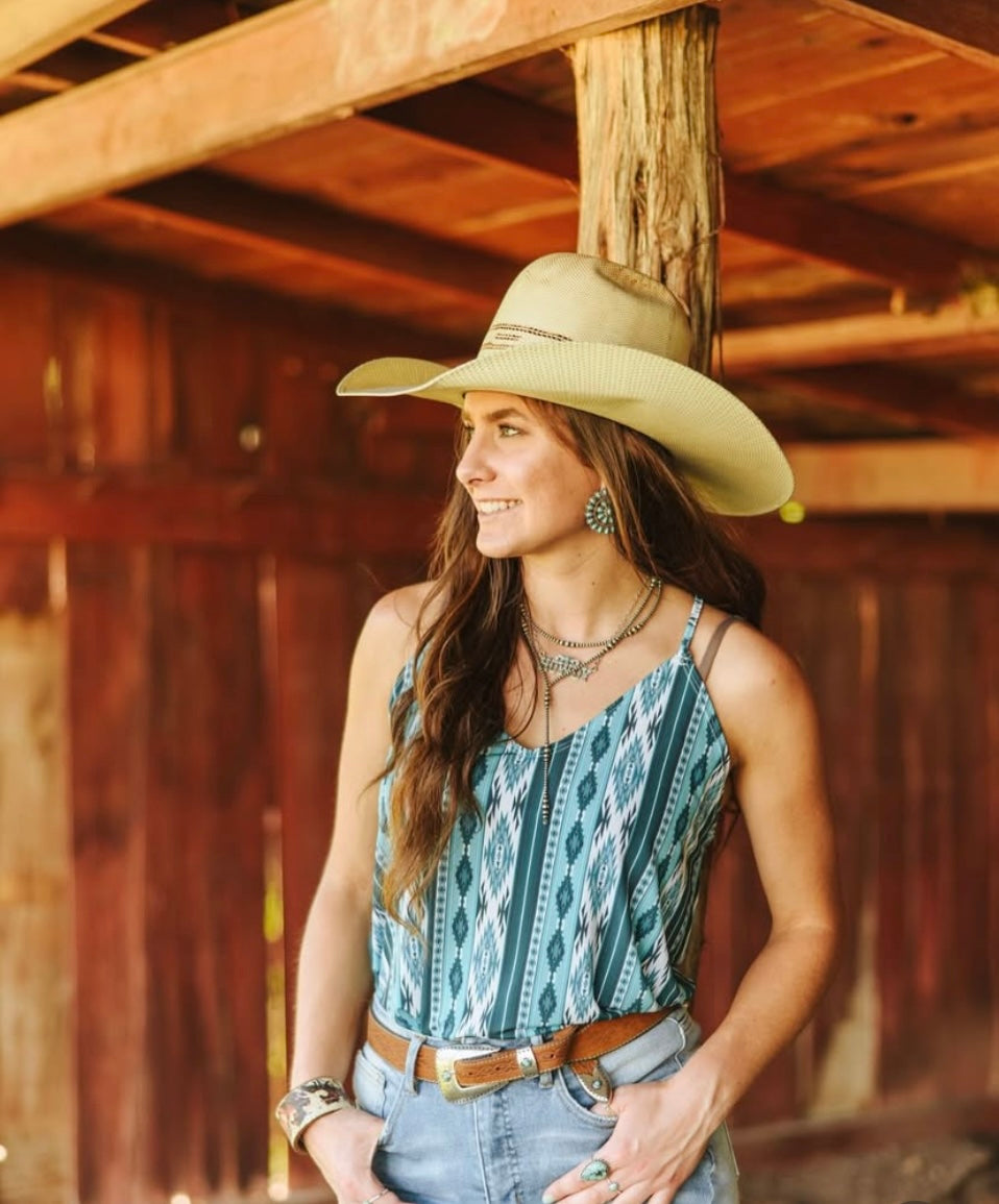 Beige Jade Aztec Printed V Neck Strap Top