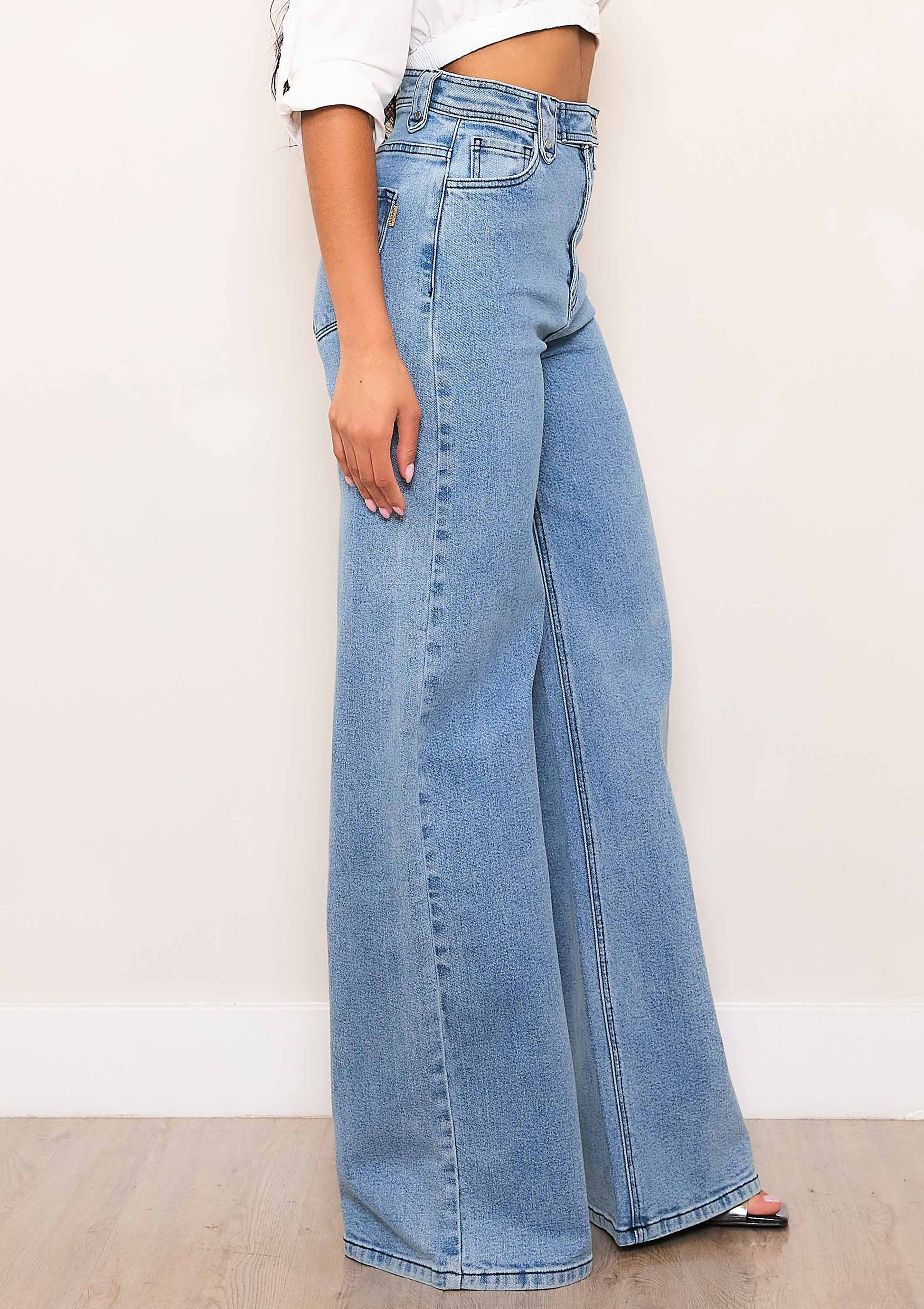 High-Rise Wide Leg Jeans With Waist Snap Button