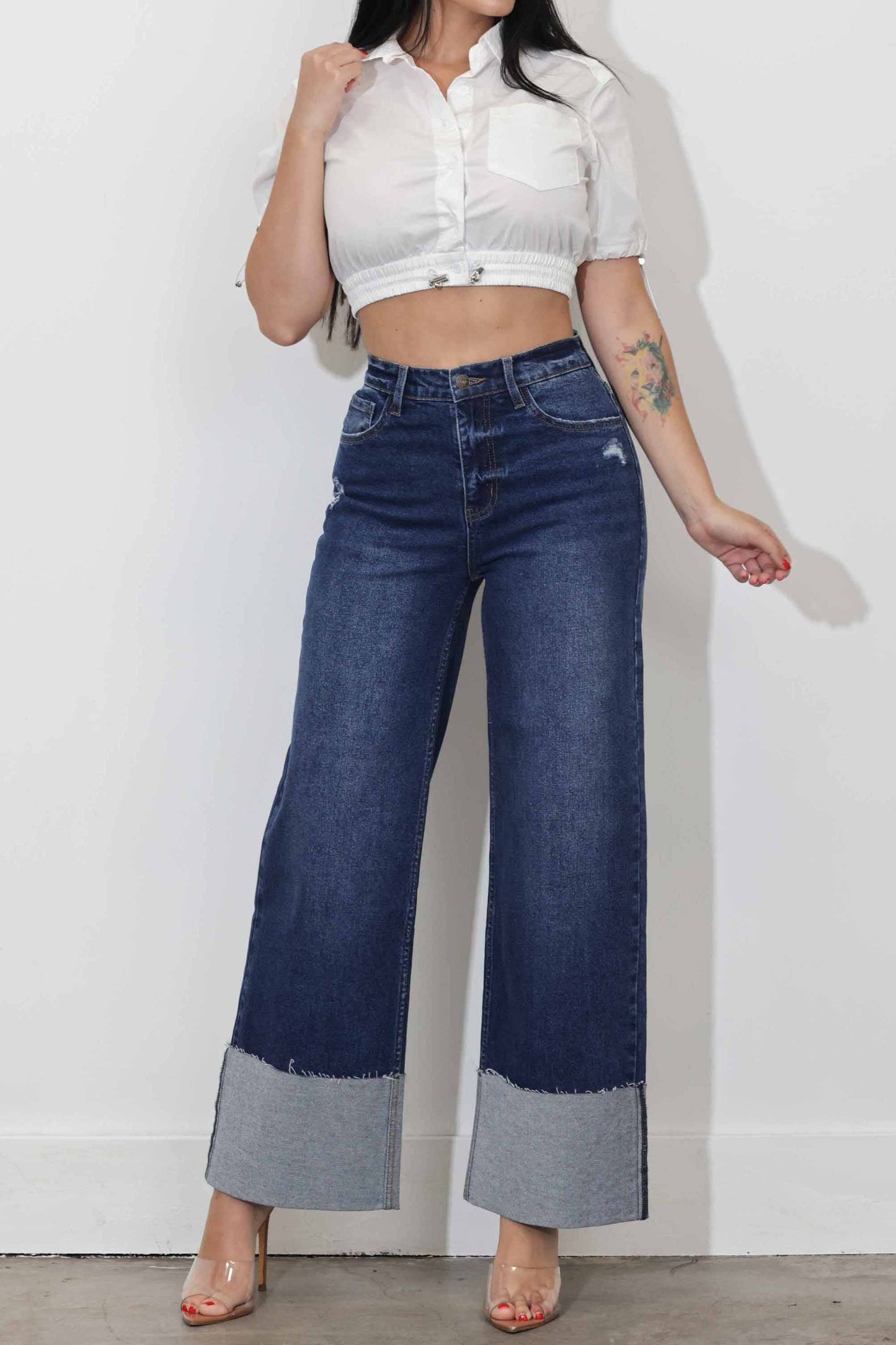 Cuff Up Wide Leg Jeans