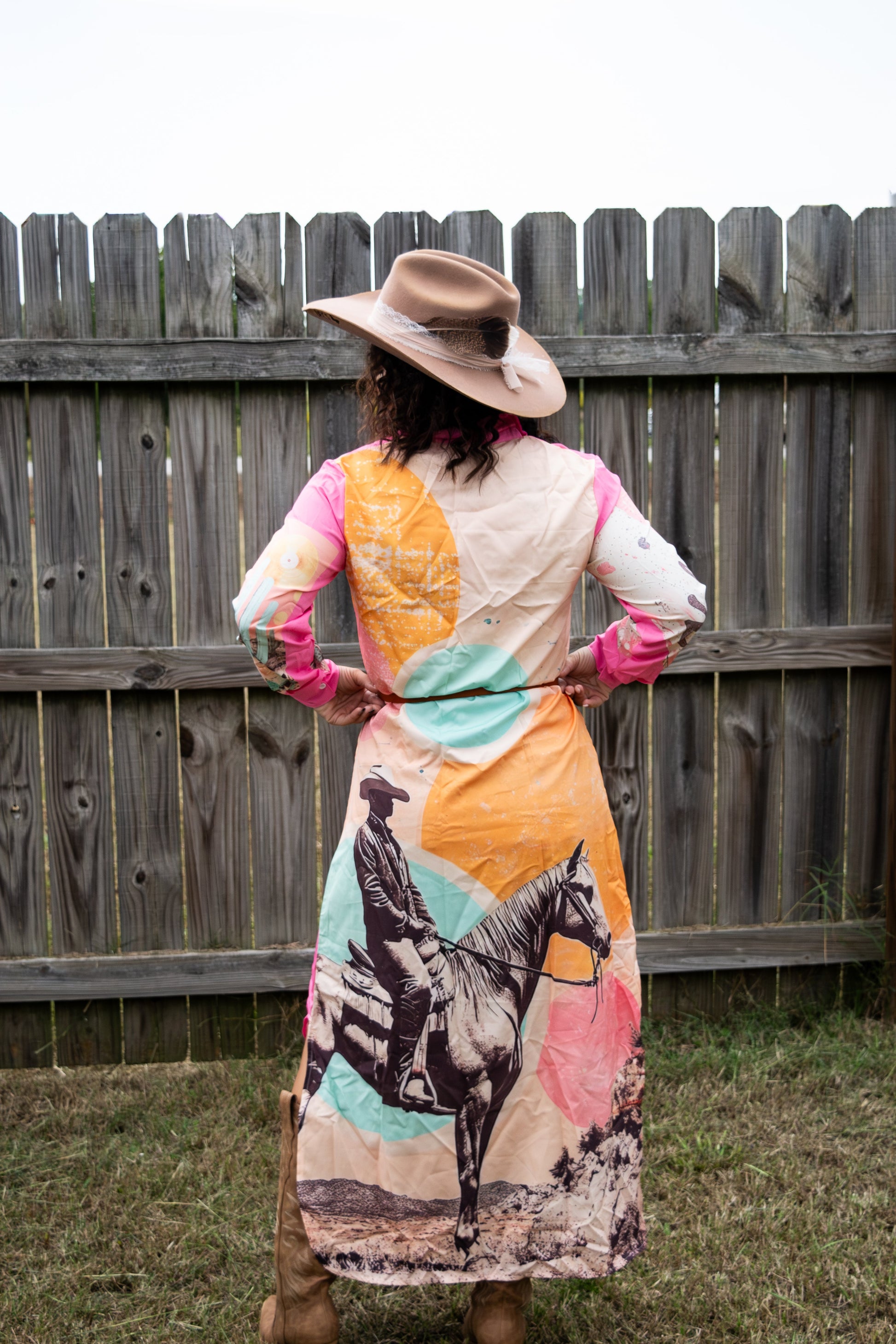 Baha Ranch Retro Pop Western Desert Cowboy Button Up Shirt Dress Duster