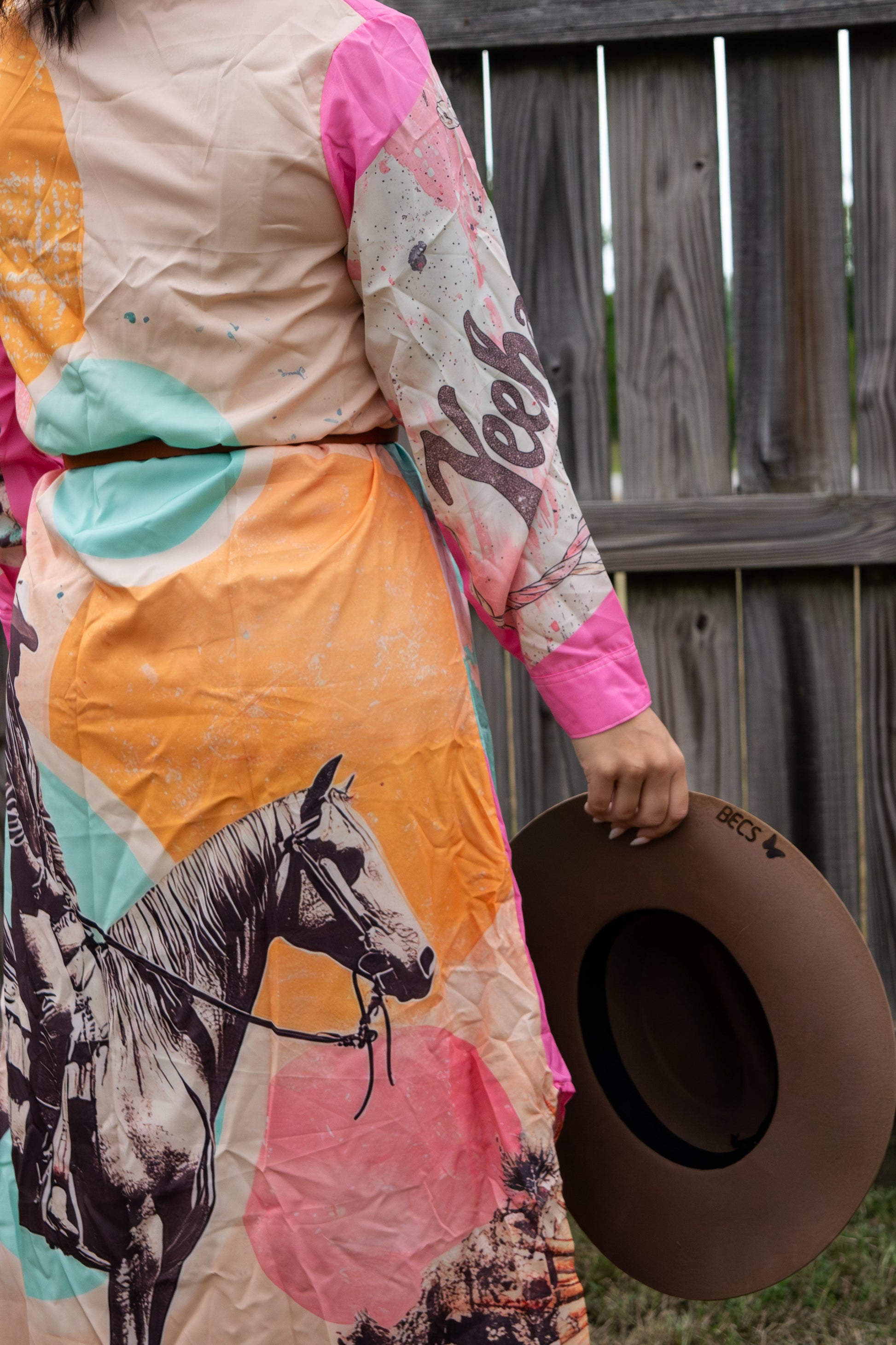 Baha Ranch Retro Pop Western Desert Cowboy Button Up Shirt Dress Duster