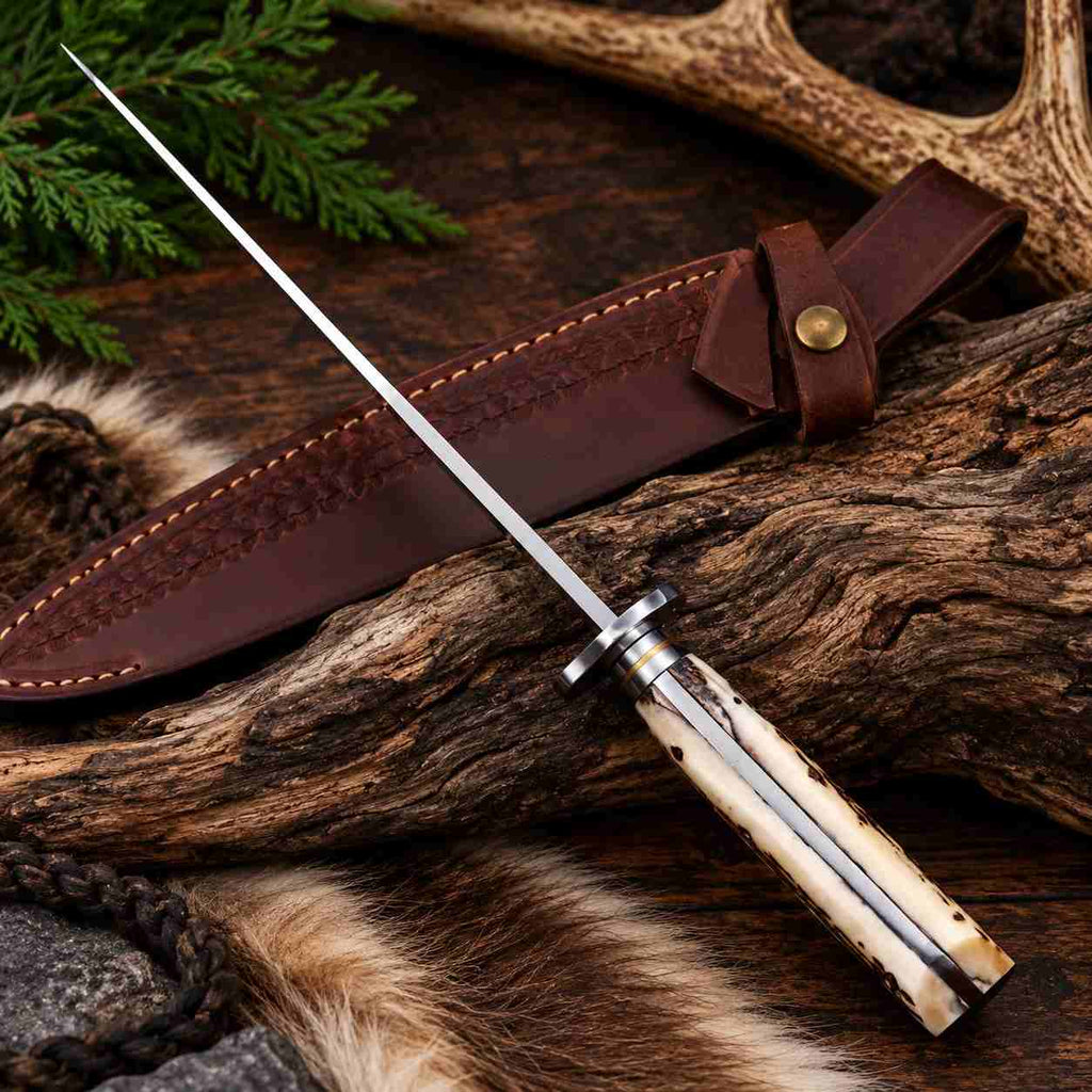 Hand Forged 1095/15N20 Damascus Bowie Knife with Bone Handle and Leather Sheath