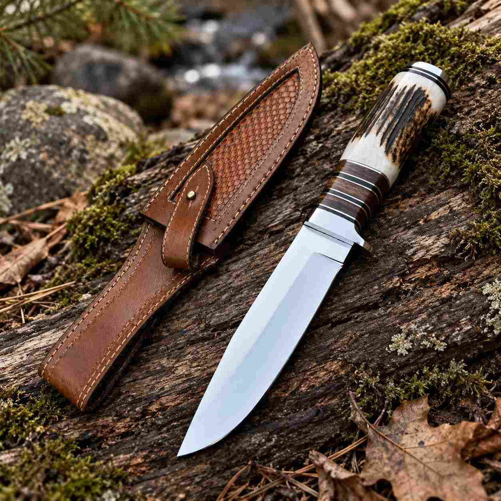 11 Inch D2 Steel Hunting Knife with Natural Antler Handle & Leather Sheath