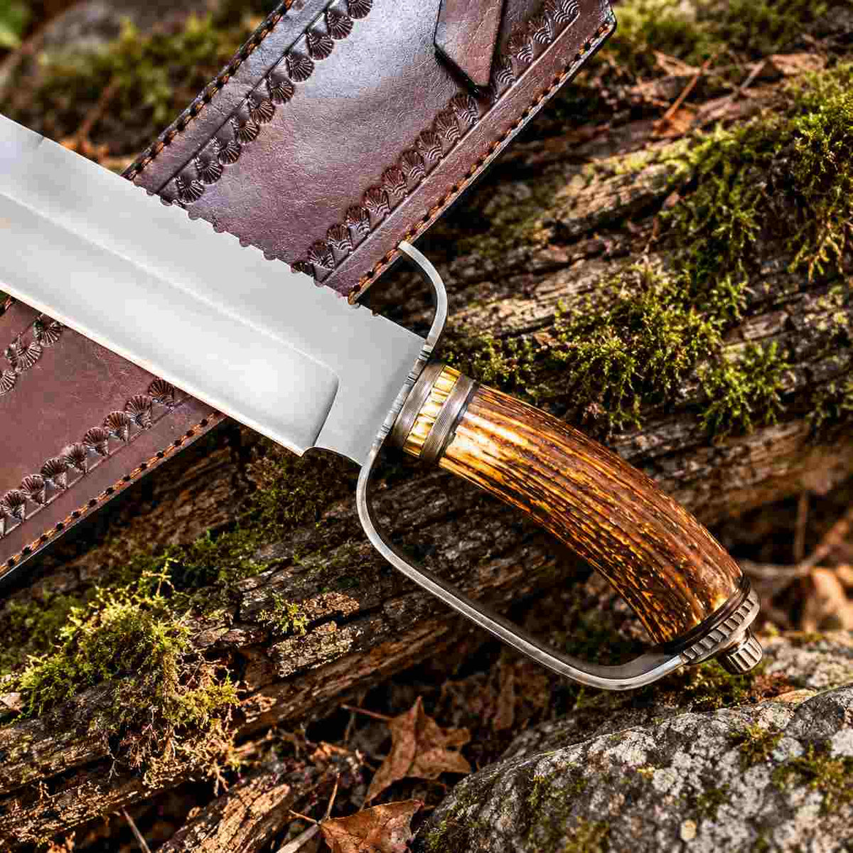 Custom D-Guard D2 Bowie Knife with Stag Antler Handle and Leather Sheath