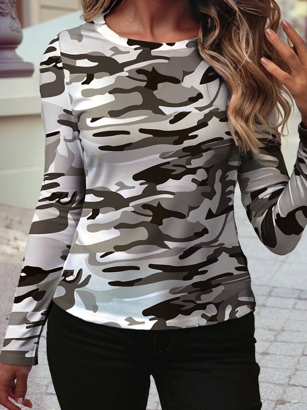 Western Camouflage Print Mesh Long Sleeve Top