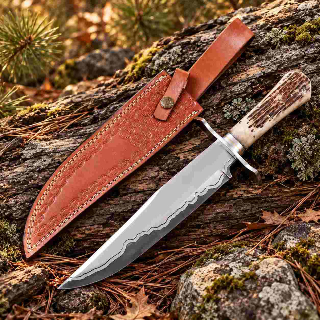 Hand Forged 1095/15N20 Damascus Bowie Knife with Bone Handle and Leather Sheath
