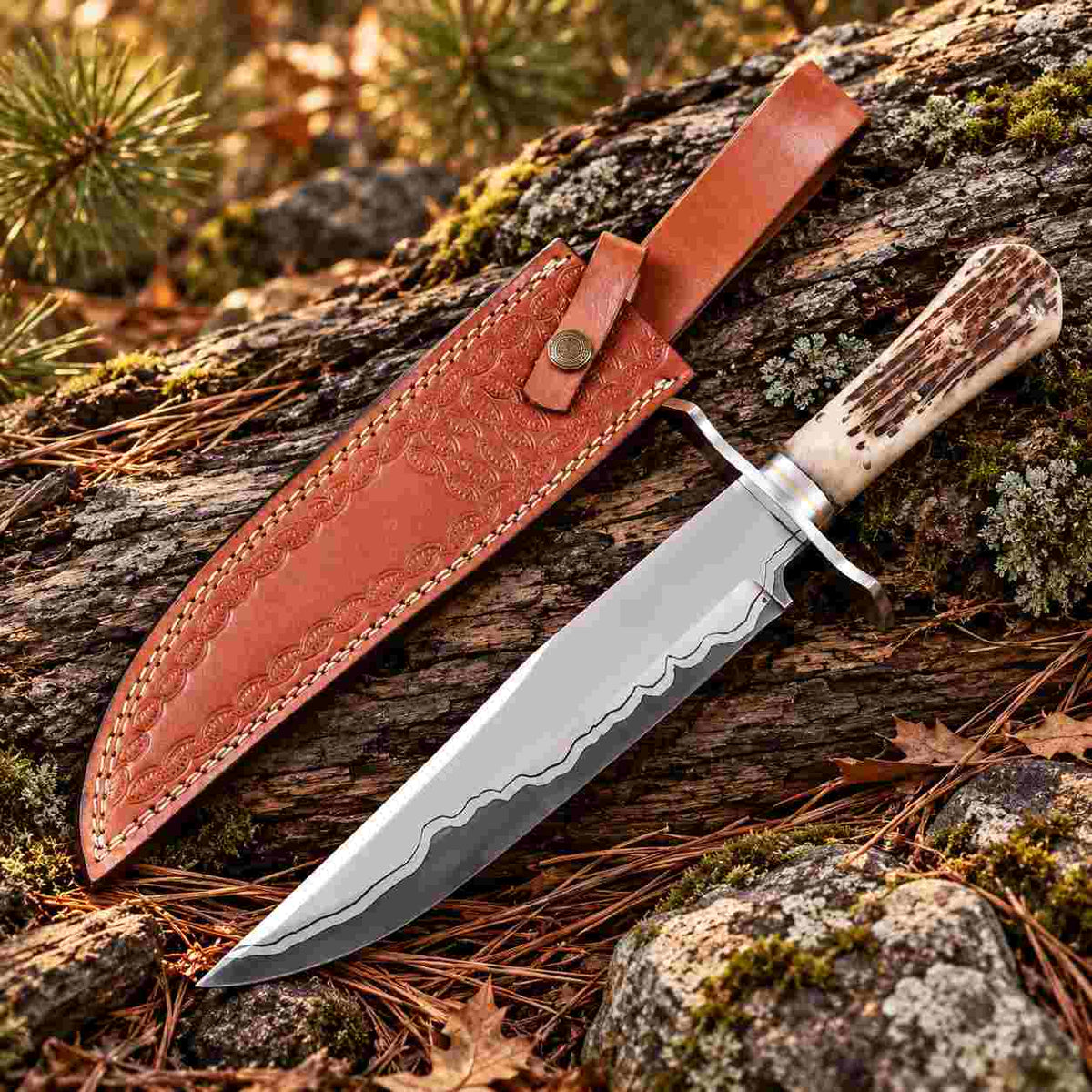 Hand Forged 1095/15N20 Damascus Bowie Knife with Bone Handle and Leather Sheath