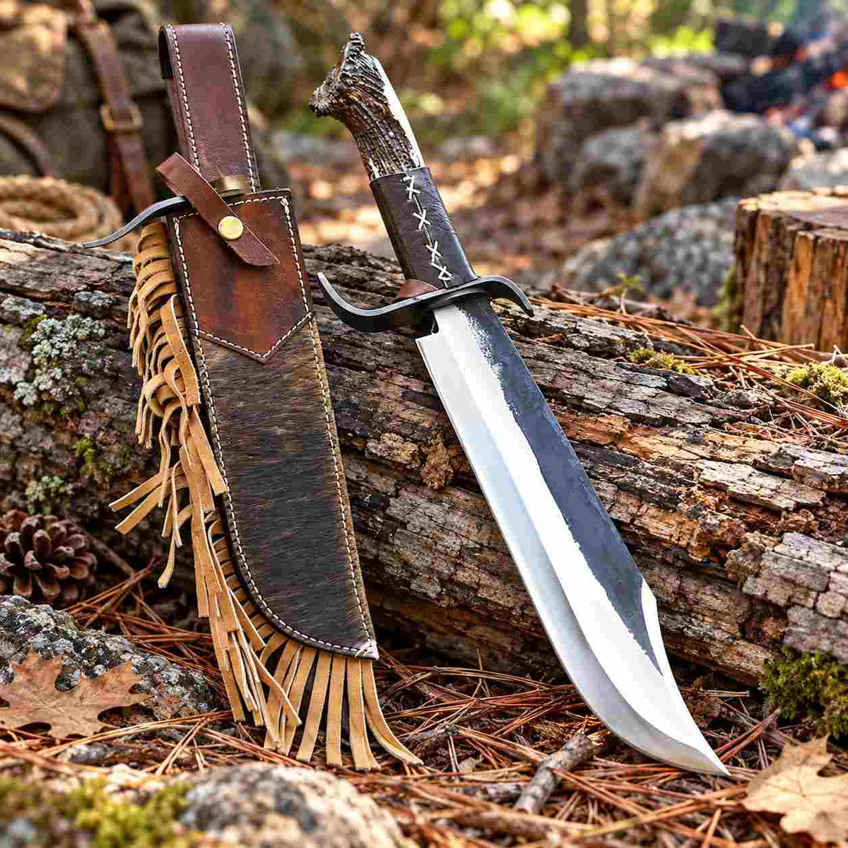 Handmade High Carbon Steel Bowie Knife with Stag Horn Handle and Leather Sheath