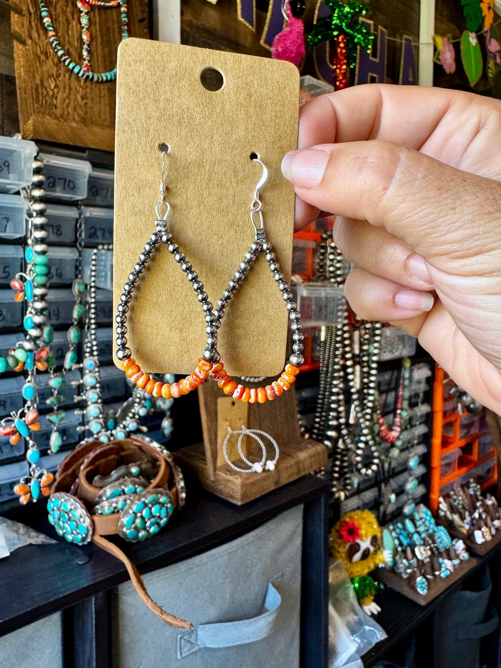 Teardrop Earrings – Sterling Silver Pearl & Orange Spiny Oyster
