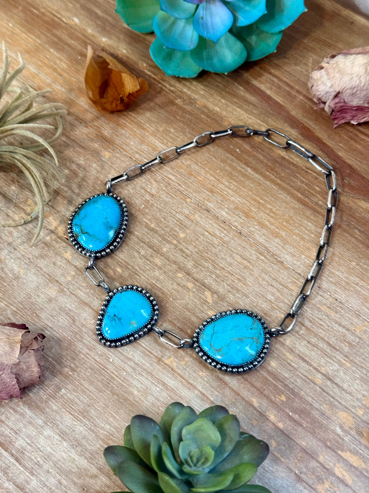 MJ One-of-a-Kind Three-Stone Turquoise Beaded Border Choker