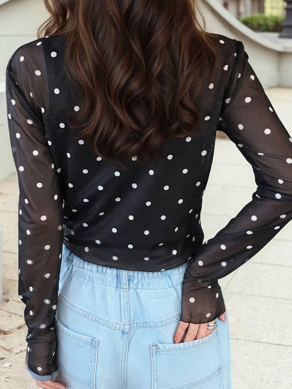 Polka Dot Patterned Mesh Bodycon Long Sleeve Top