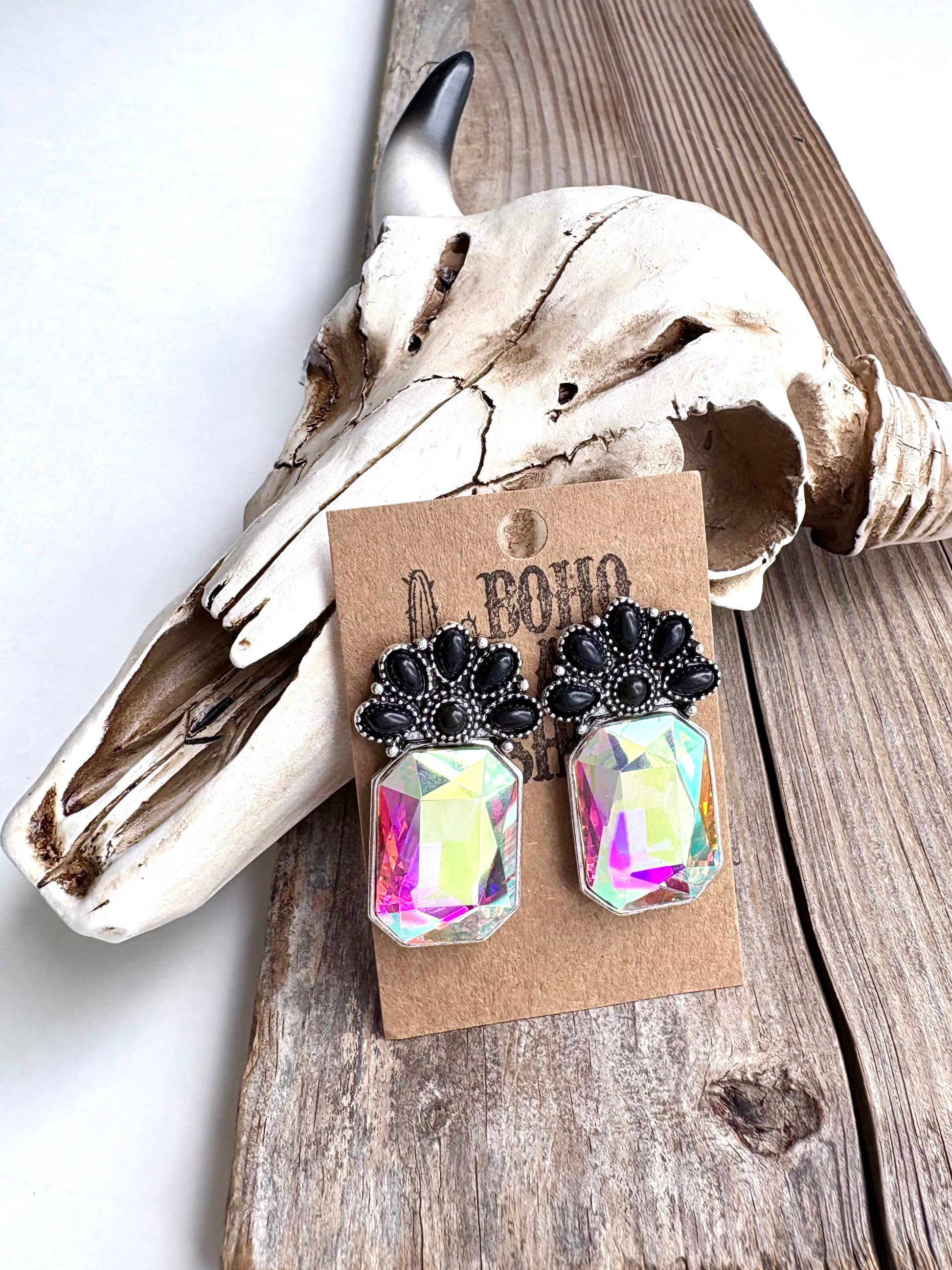 Squash Blossom Stone & Octagon Glass Stone Stud Earrings