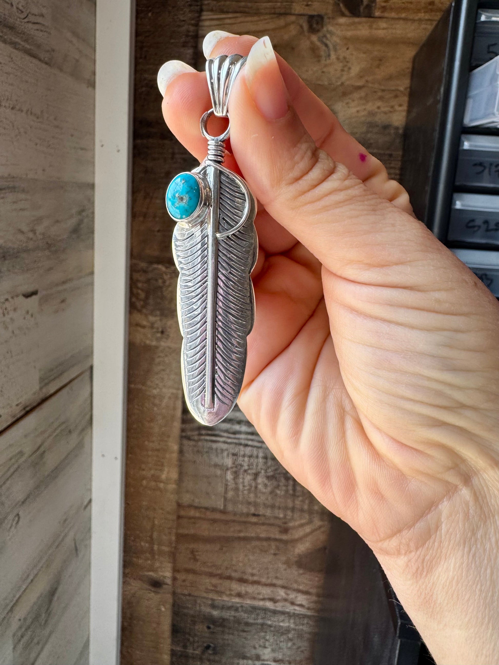 Feather Pendant – Kingman Turquoise & Sterling Silver