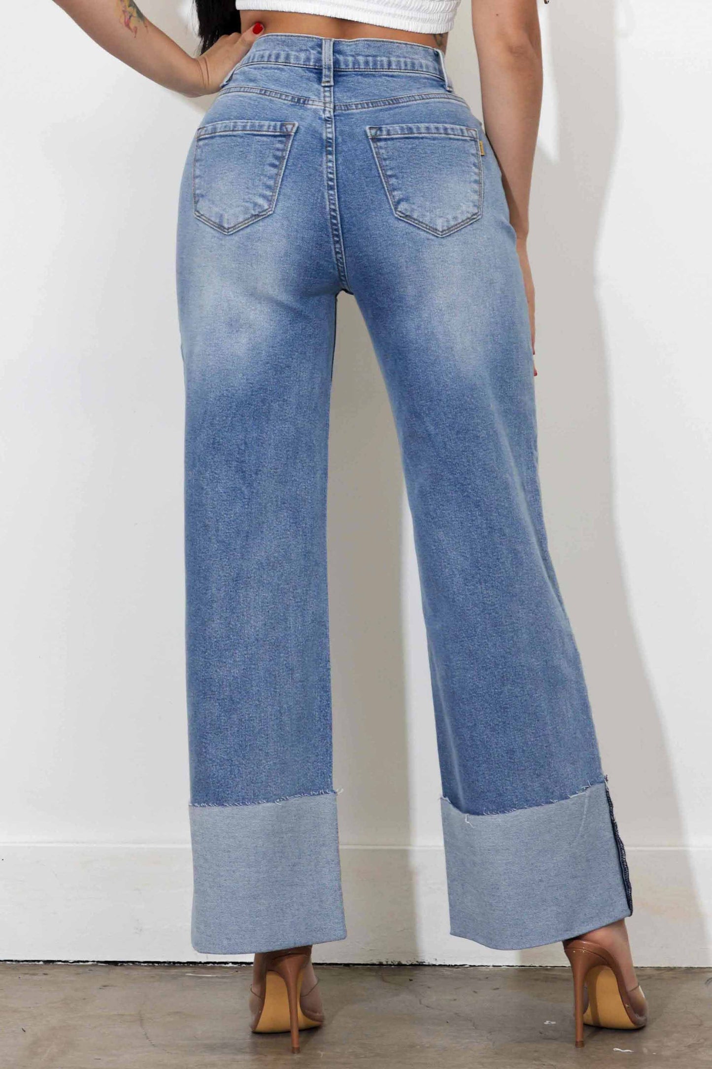 Cuff Up Wide Leg Jeans