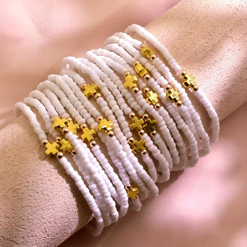 Simple Beaded Gold Cross Bracelet