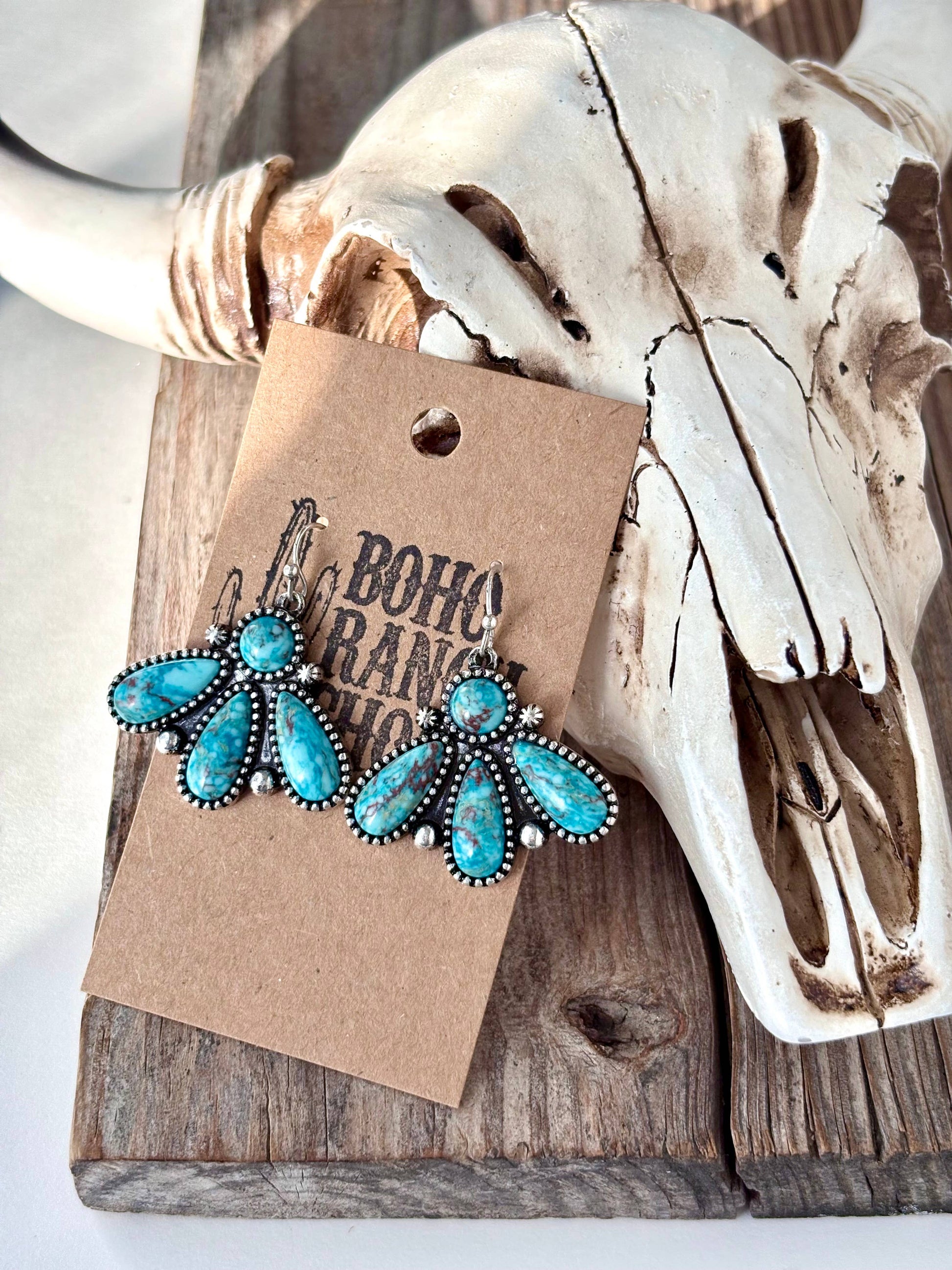 Western Style Squash Blossom Turquoise Stone Dangle Earrings