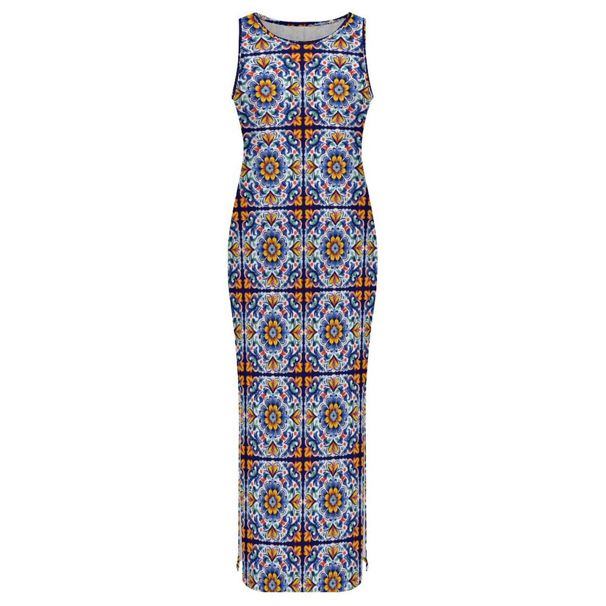 Baha Ranch Colores de Mexico Talavera Sleeveless Bodycon Side Slit Long Dress