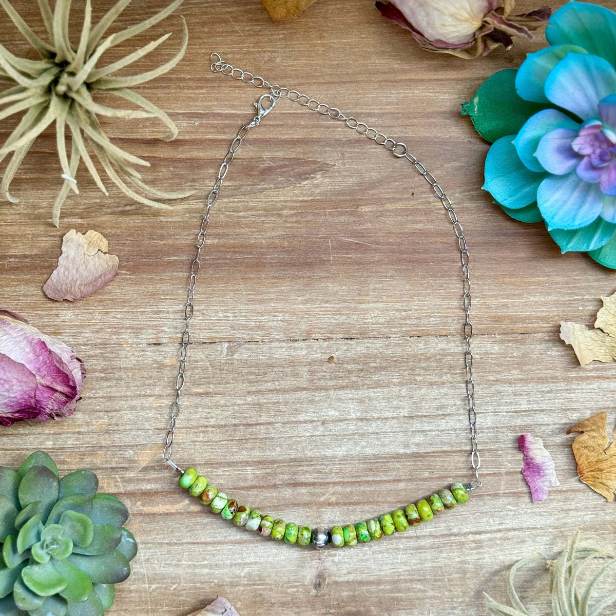 16” Green Variscite Paperclip Necklace – Sterling Silver Accent