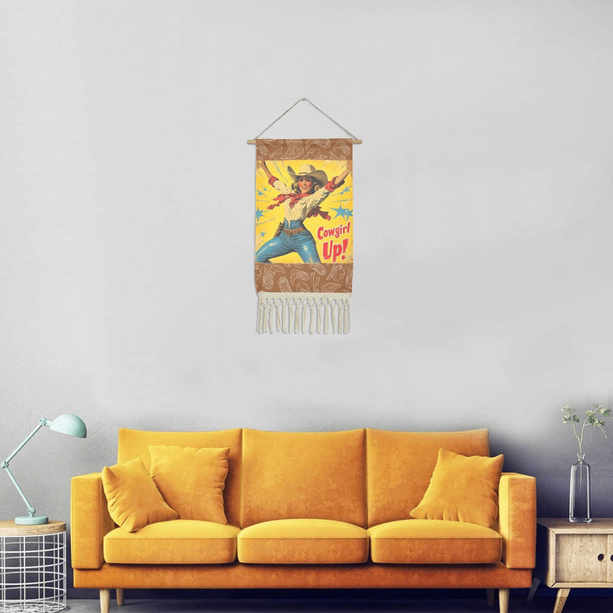Baha Ranch Cowgirl Up Vintage Western Wall Decor Linen Hanging Poster with Fringe Made in America