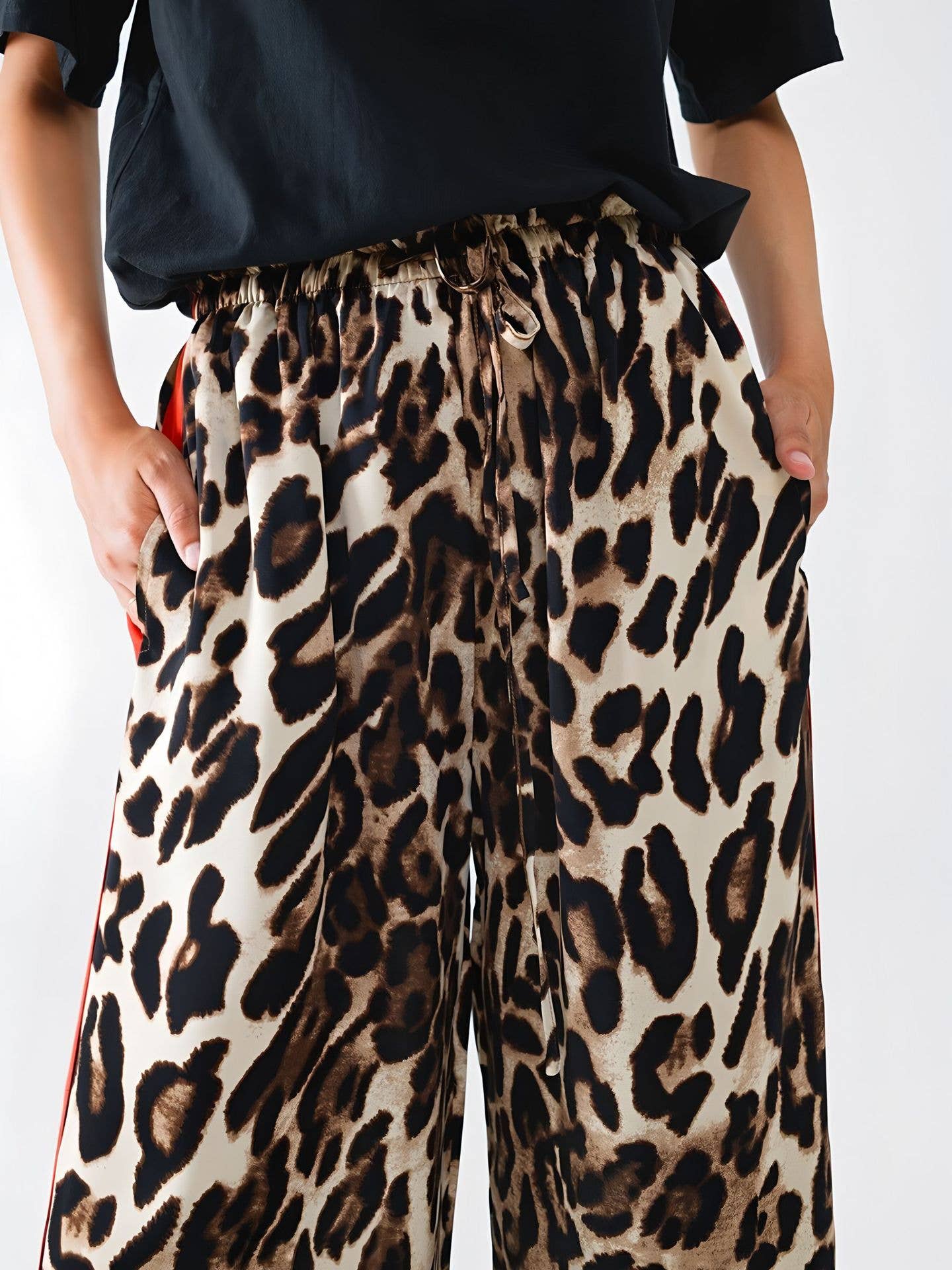 Leopard Print Colorblock Side Striped Wide Leg Pants