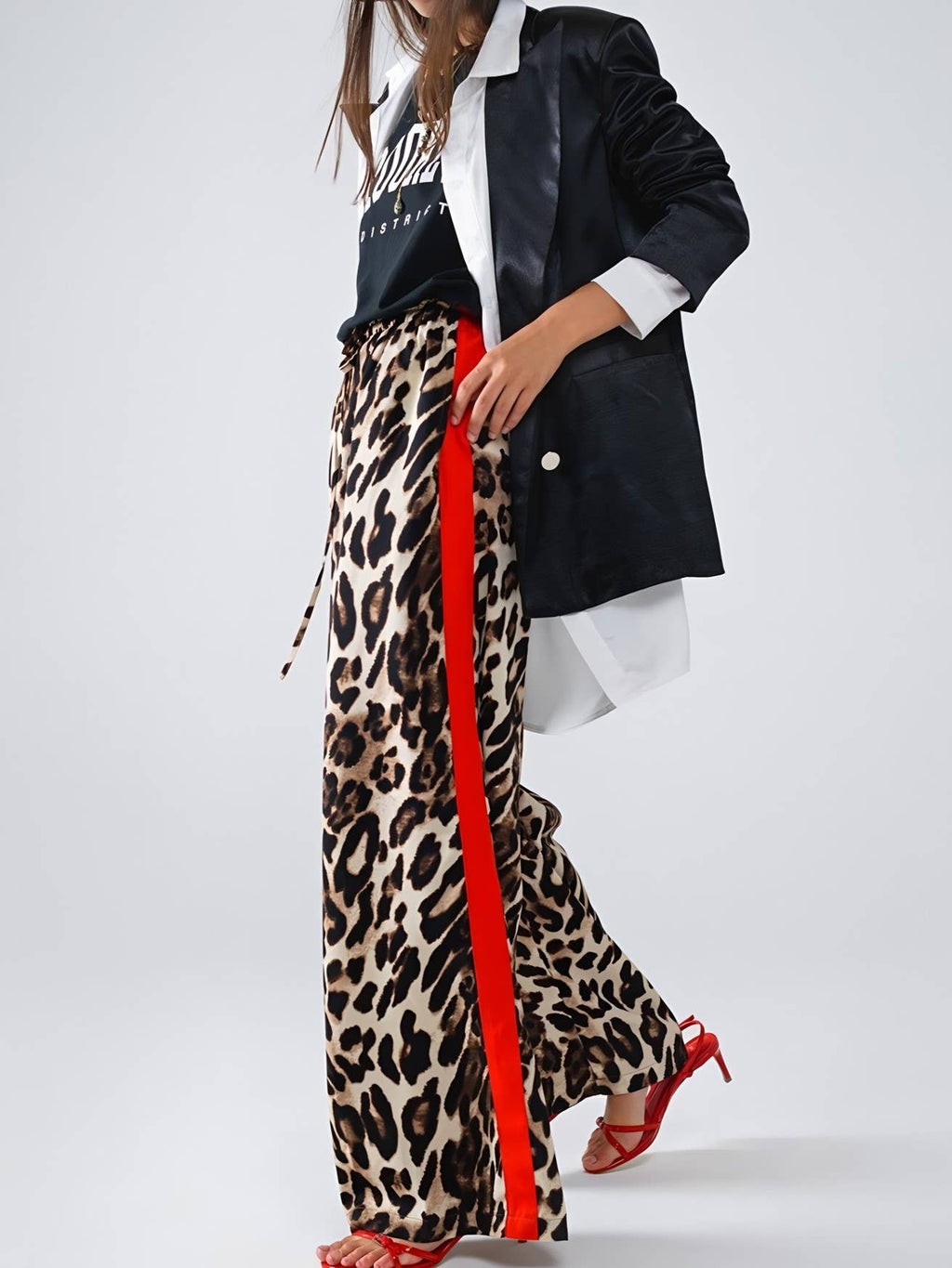 Leopard Print Colorblock Side Striped Wide Leg Pants