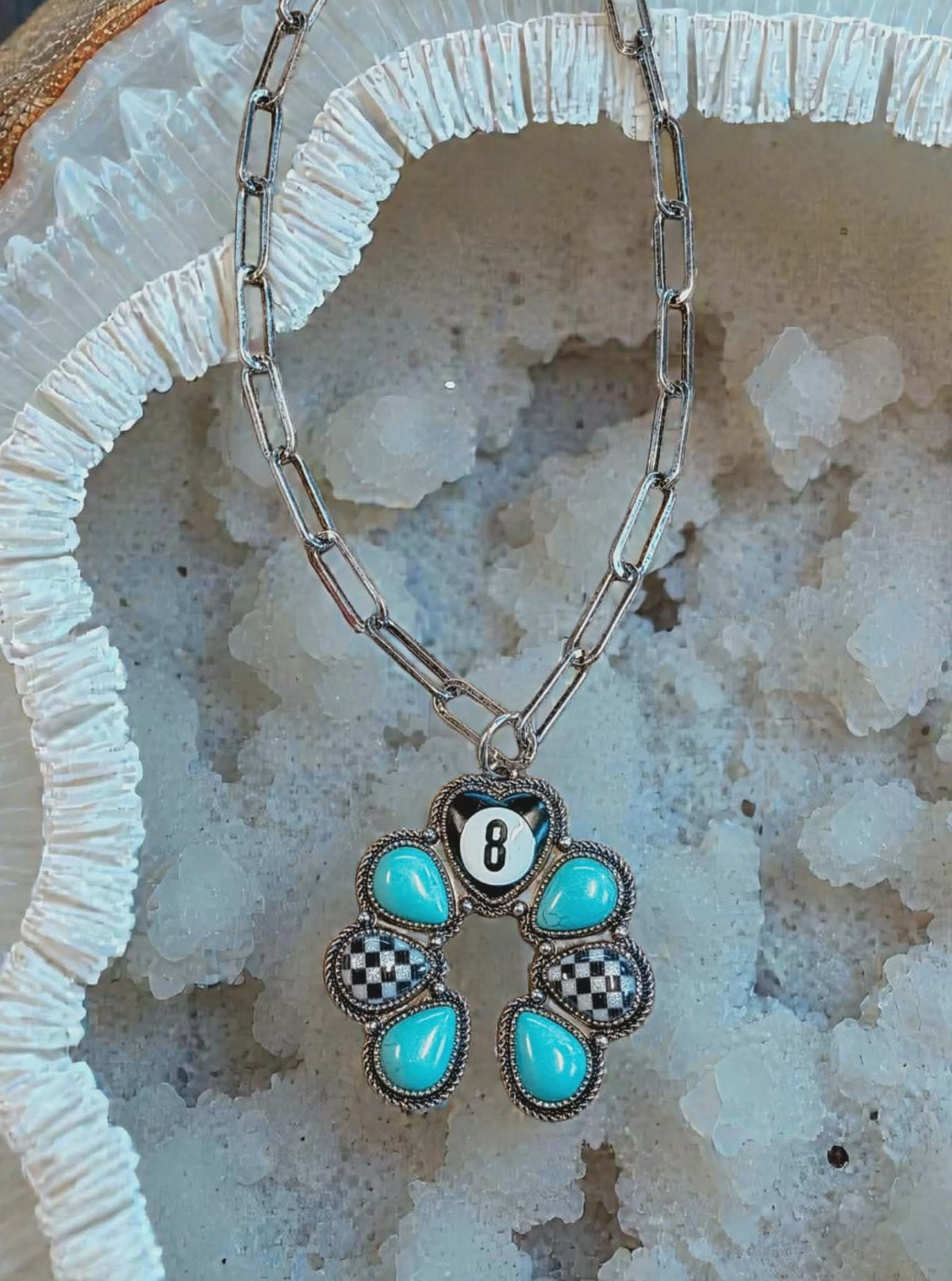 Turquoise & Checkered 8 Ball Flower Pendant Necklace – Western Statement Chain