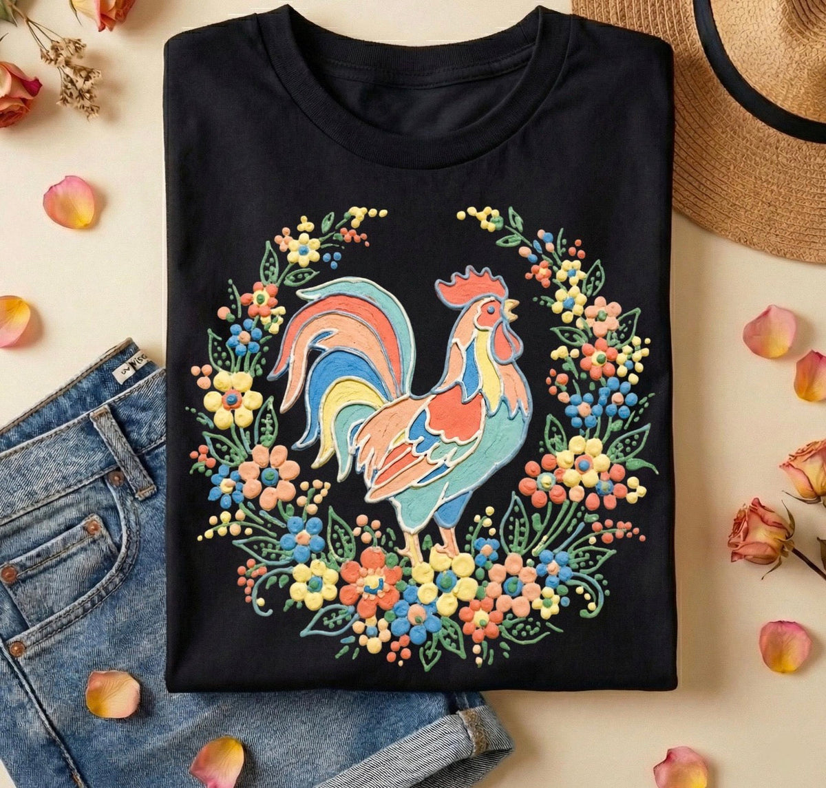 Floral Rooster Shirt – Graphic Tee, Long Sleeve & Crewneck.