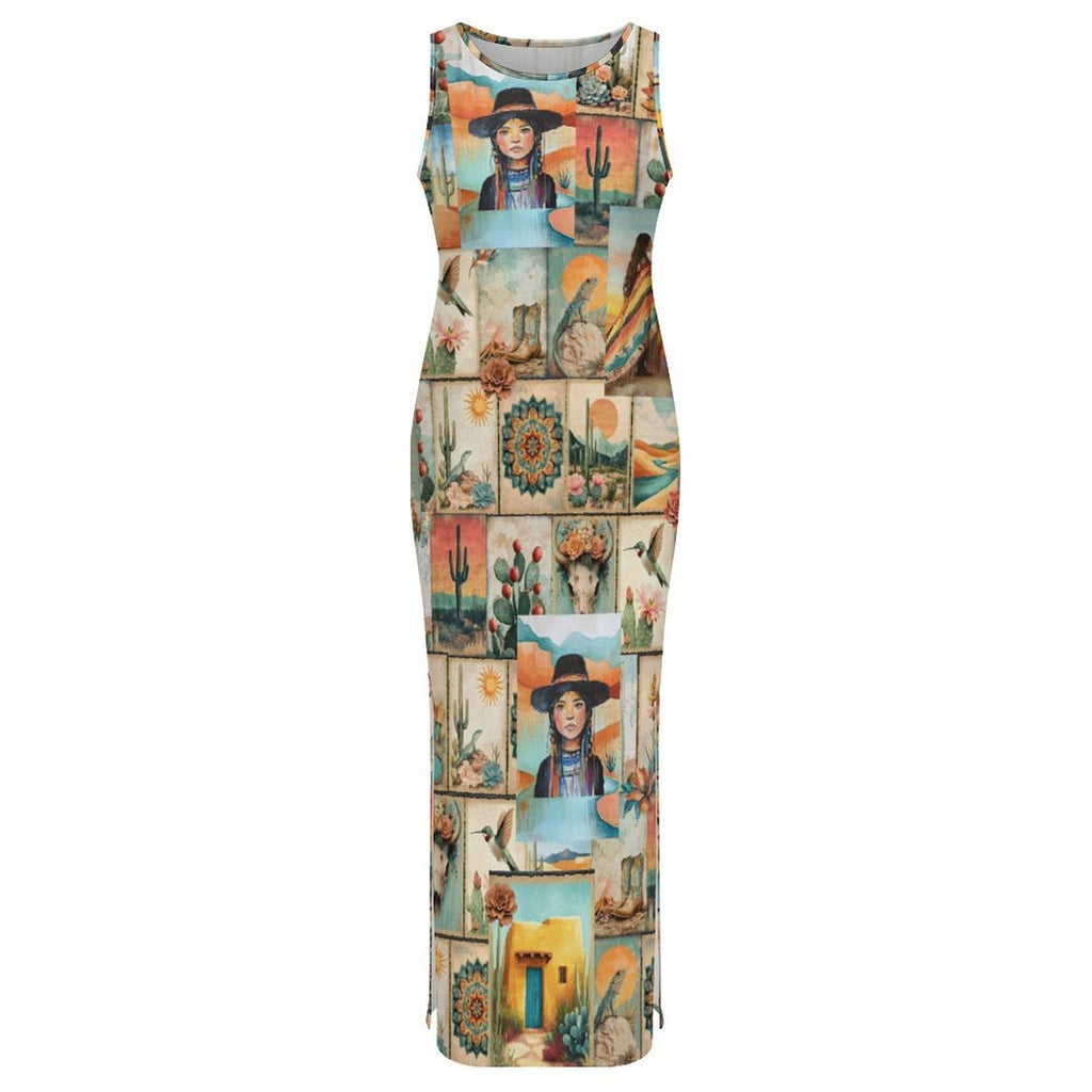 Baha Ranch Colores de Mexico Pictures of the Southwest Sleeveless Bodycon Side Slit Long Dress