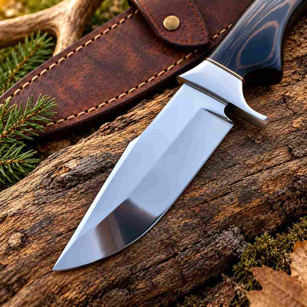 Custom D2 Steel Hunting Knife with Exotic Wood Handle and Leather Sheath