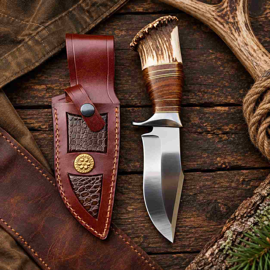 Handcrafted D2 Hunting Knife with Stag Antler Handle and Custom Leather Sheath