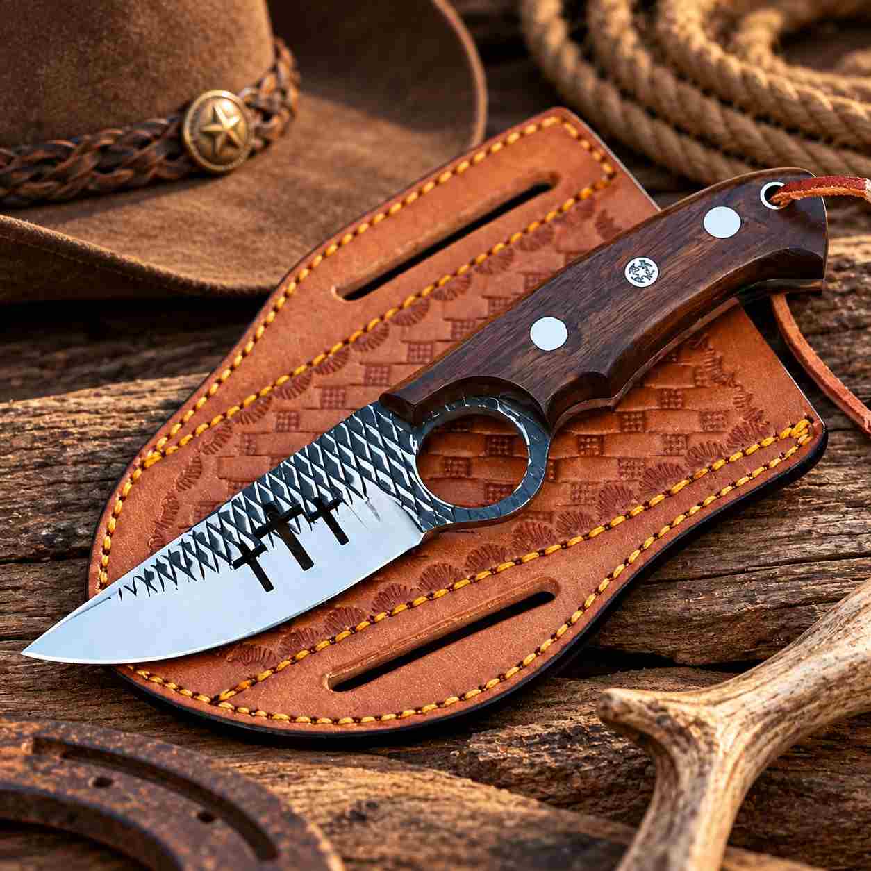4-Inch Rasp File Steel Knife with Cross Wirecut Blade, Rosewood Handle & Leather Sheath