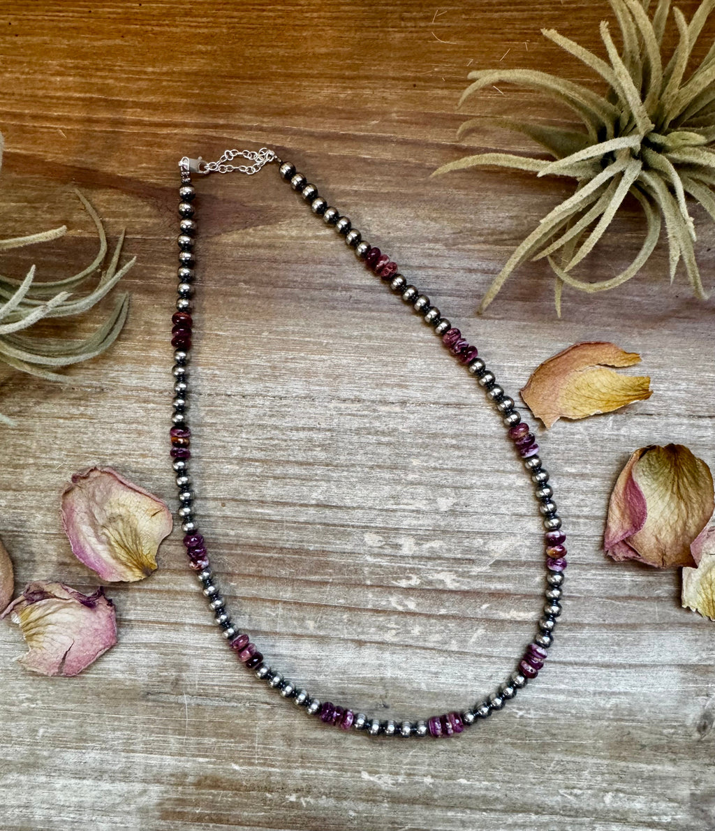 18-Inch Sterling Silver Pearl Necklace with Deep Purple Spiny Oyster – (5mm)