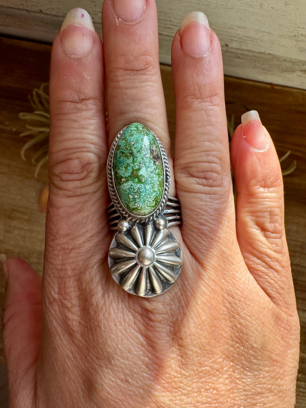 Green Turquoise Concho Ring – Size 9 – Navajo Handmade by Boyd Ashley