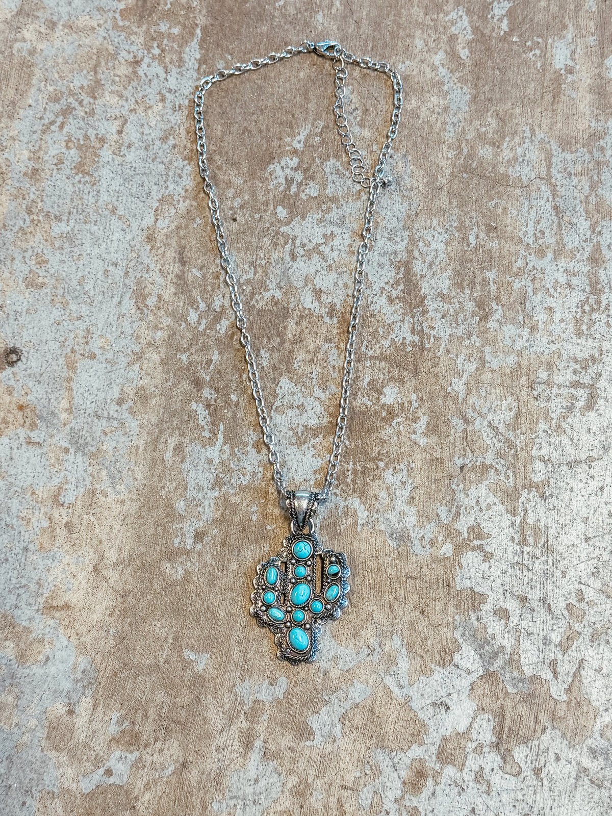 Turquoise Cactus Pendant Necklace – Western Silver Chain Statement Necklace