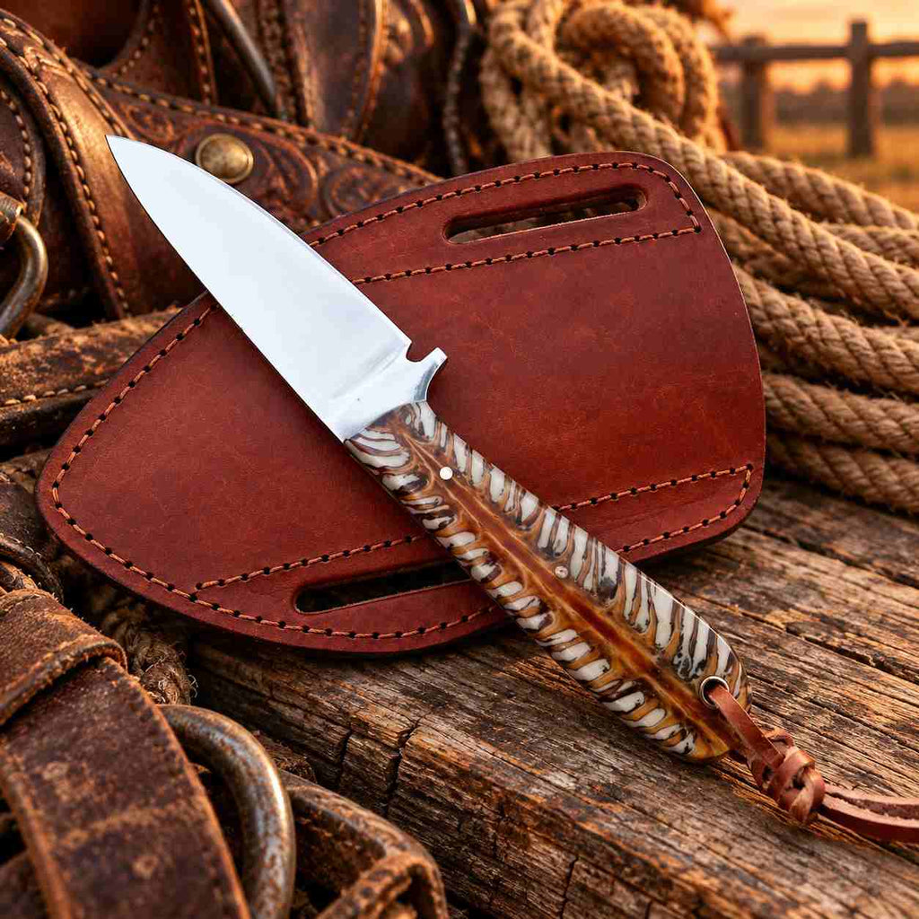 Handmade D2 Cowboy Knife with Mirror Finish Blade, White Pinecone Handle & Western Pancake Leather Sheath