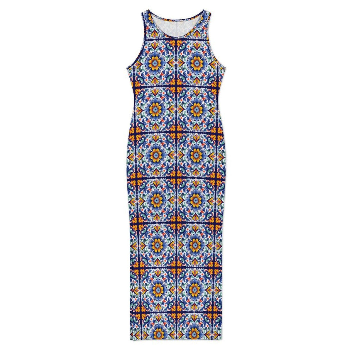 Baha Ranch Colores de Mexico Talavera Sleeveless Bodycon Side Slit Long Dress