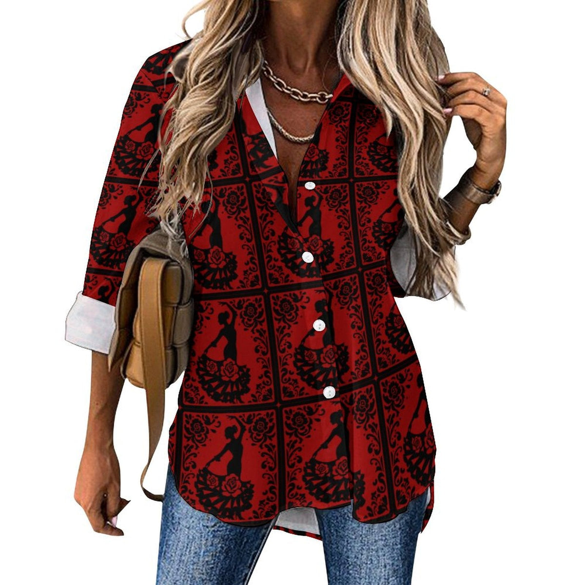 Baha Ranch Colores de Mexico Flamenco Floral Button Up Blouse