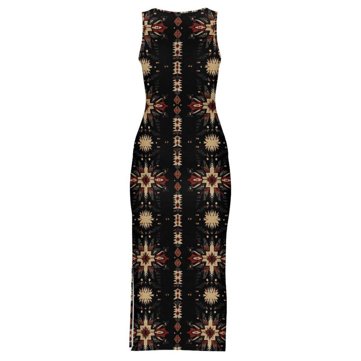 Baha Ranch Black and Tan Aztec Bodycon Side Slit Western Maxi Dress