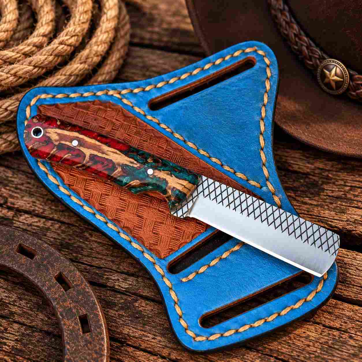 5-Inch Western Bull Cutter Knife with Red Turquoise Pine Cone Handle & Blue Leather Sheath