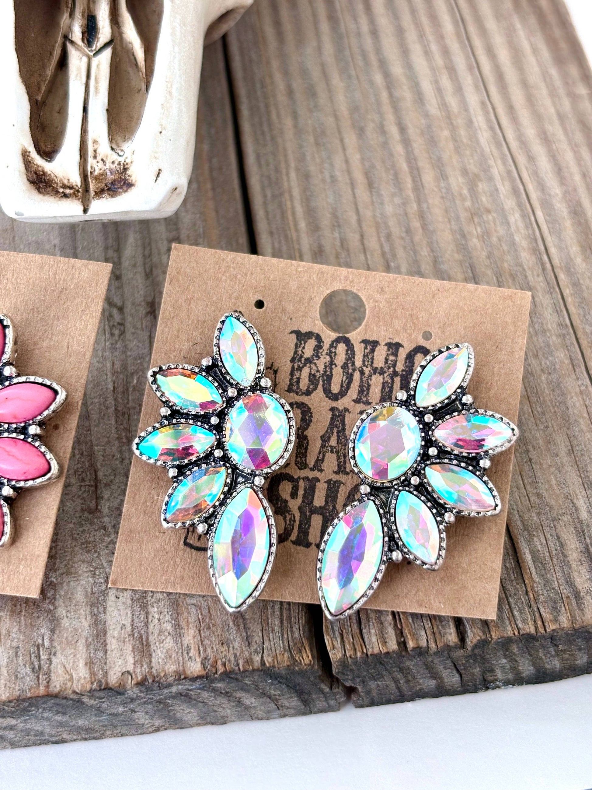 Western Style Squash Blossom Stone Stud Earrings