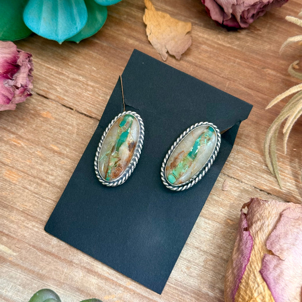 9 - Sterling Silver Ribbon Royston Turquoise Stud Earrings by Jason Ogg
