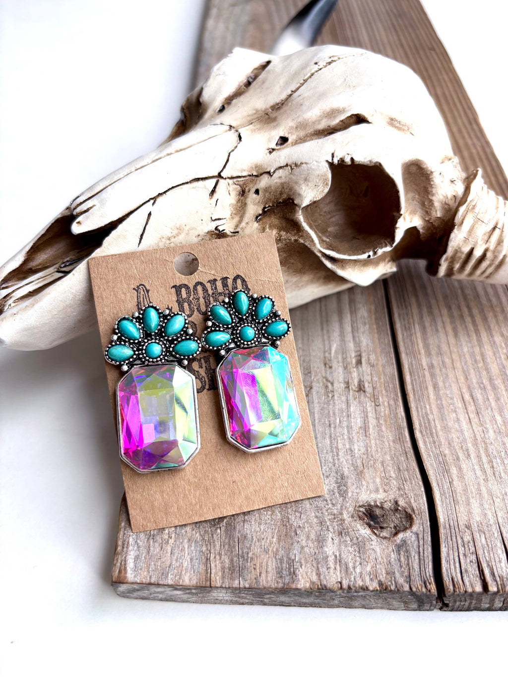 Squash Blossom Stone & Octagon Glass Stone Stud Earrings