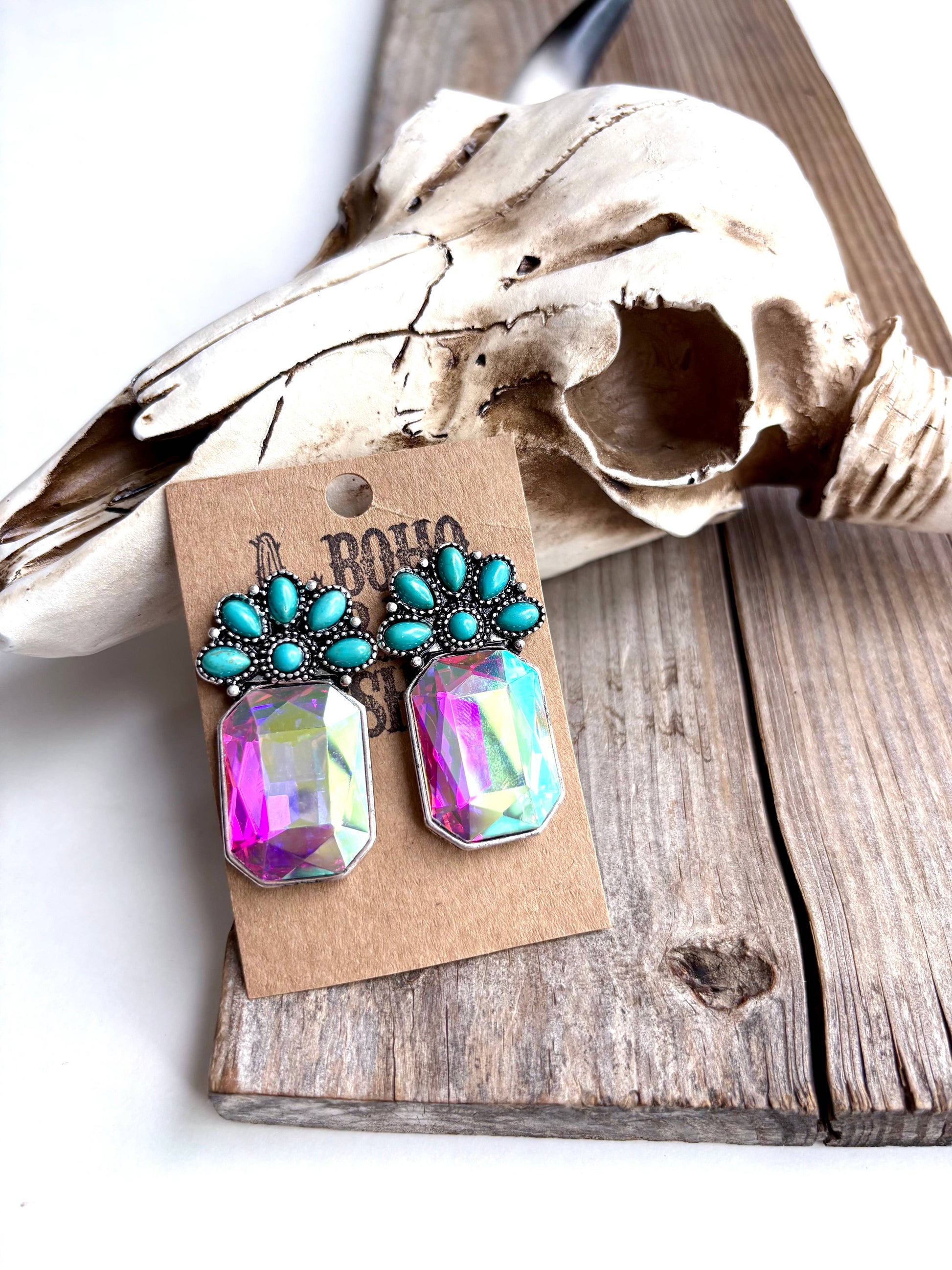 Squash Blossom Stone & Octagon Glass Stone Stud Earrings