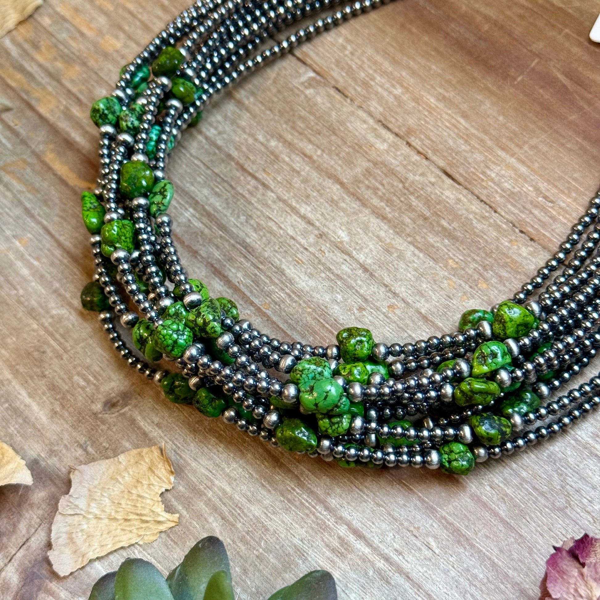 Green Nugget Turquoise & Sterling Silver Pearl Necklace