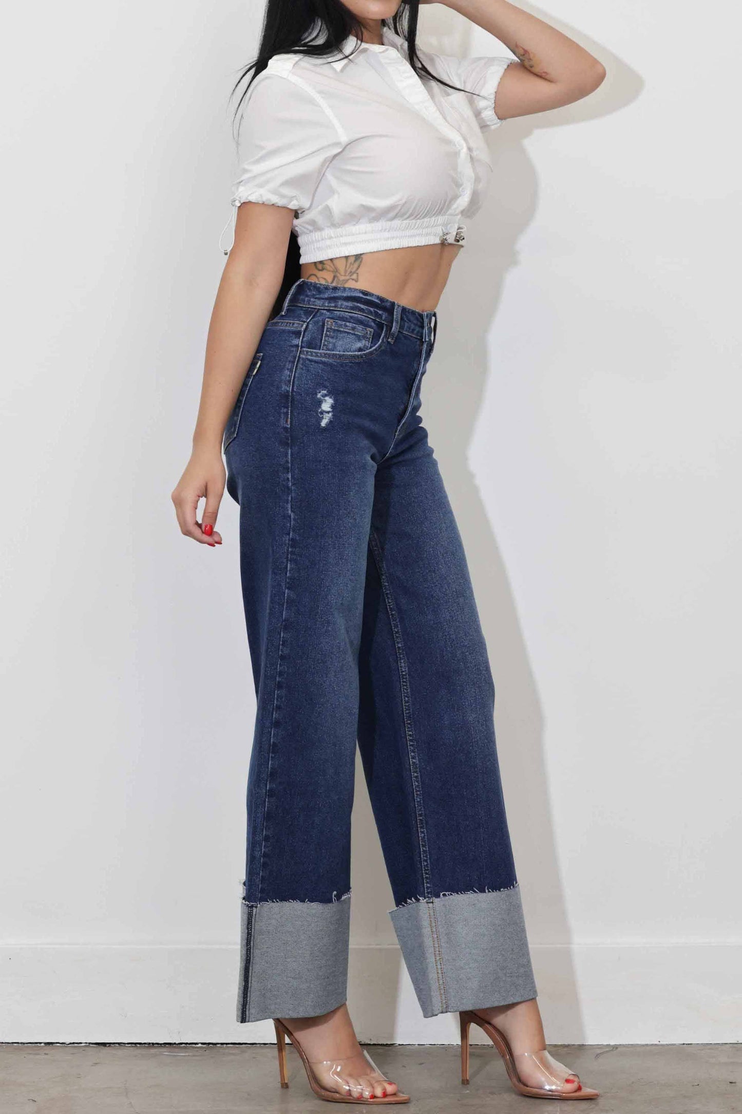 Cuff Up Wide Leg Jeans