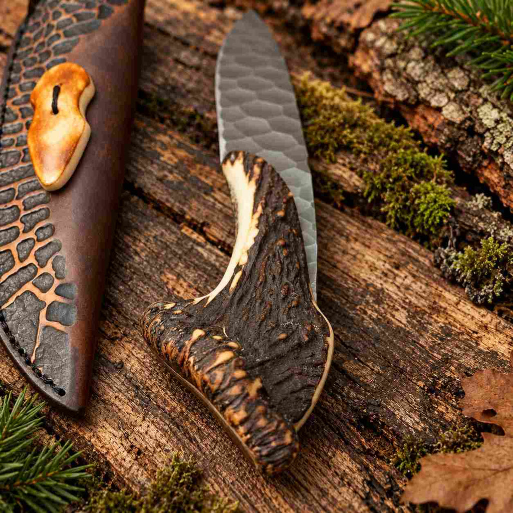Handmade Hammered D2 Hunting Knife with Stag Antler Handle and Leather Sheath