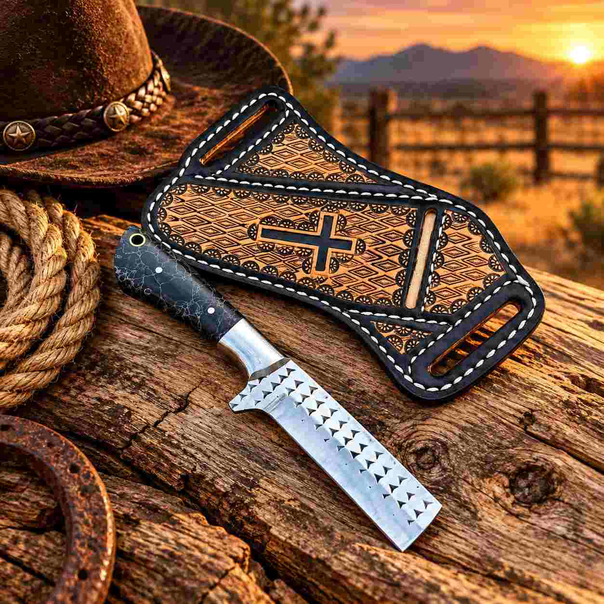 Custom Handmade Horse Rasp Stainless Steel 7-Inch Western Cowboy Bull Cutter with Stone Handle & Leather Sheath